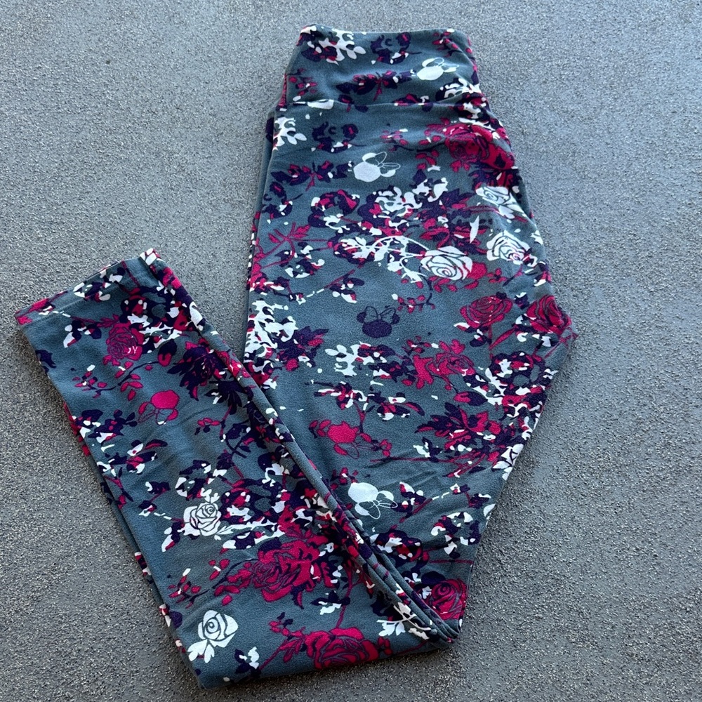LuLaRoe Disney Minnie Mouse Floral Rose Leggings Gray Red White OS